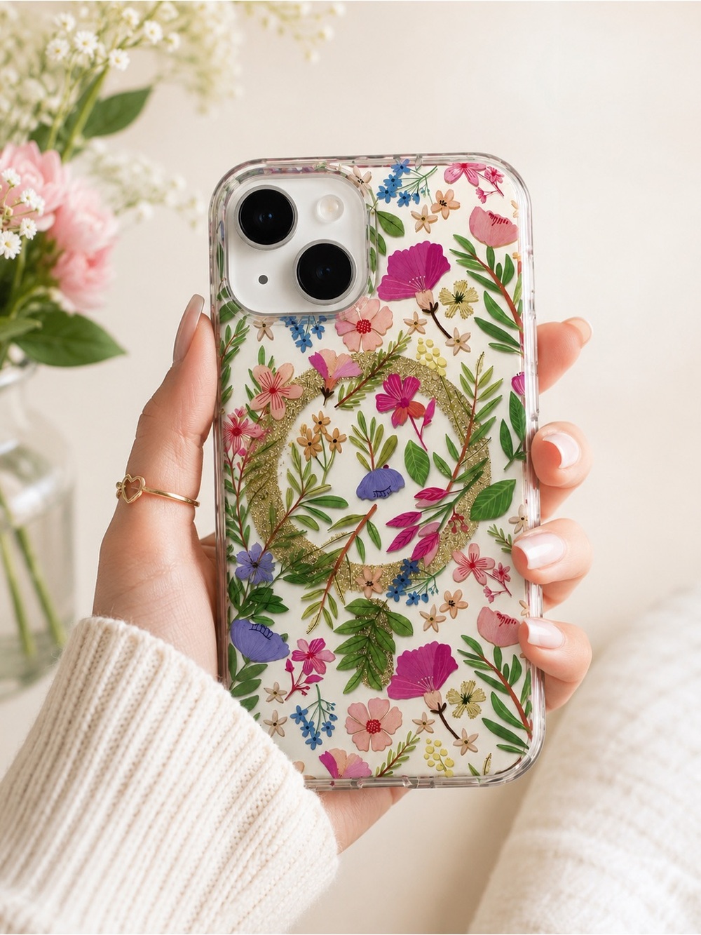 Mia Charro Floral Glitter iPhone Case - White with Multicolor Floral Design